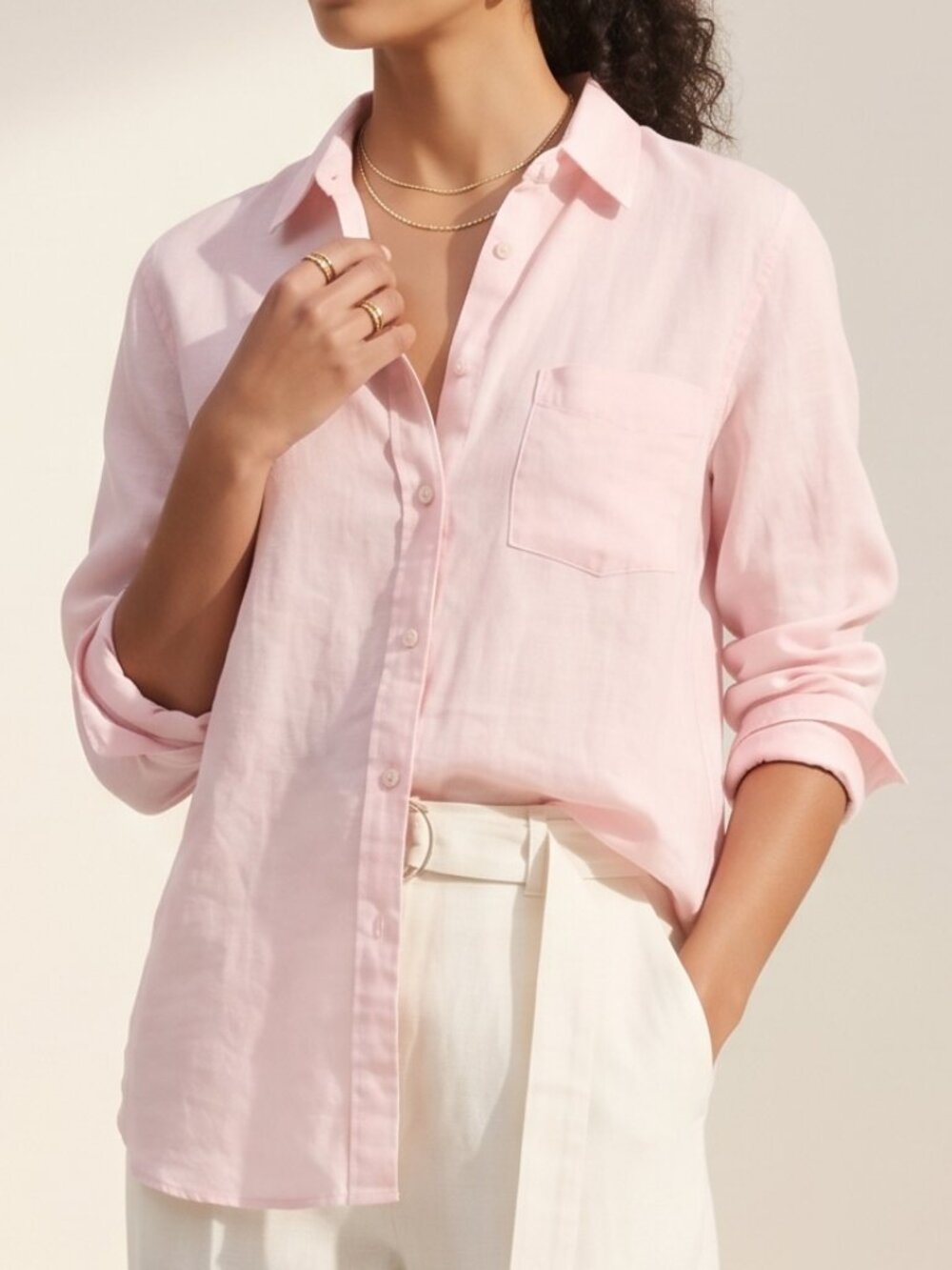 NWT UNIQLO 100% Premium Linen Long Sleeve Button Up Shirt Pastel Pink Small